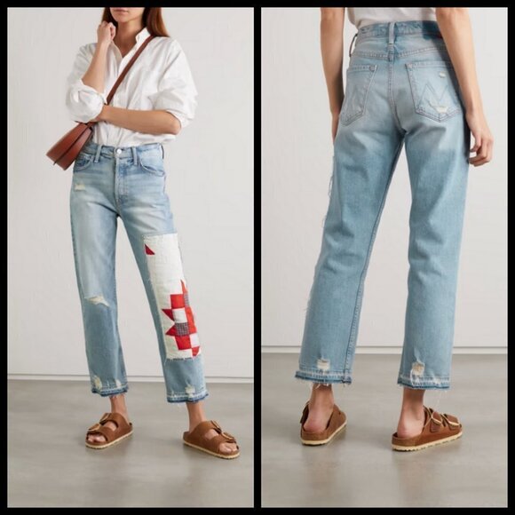 💕MOTHER💕  Patchwork Tomcat Ankle Undone Hem Jean High Rise New Hobbies 24 NWT - Picture 3 of 17